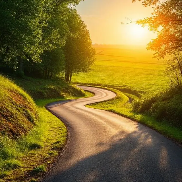 A winding road leading towards a green, sunlit horizon.