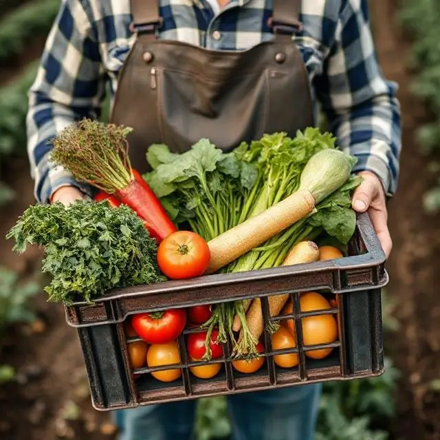 A farmer holding a crate of fresh, organic vegetables.
