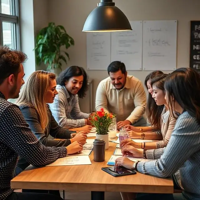 A diverse team of people collaborating around a table.